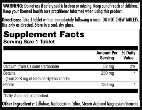 Betaine HCl Plus 250mg - 250 tabs