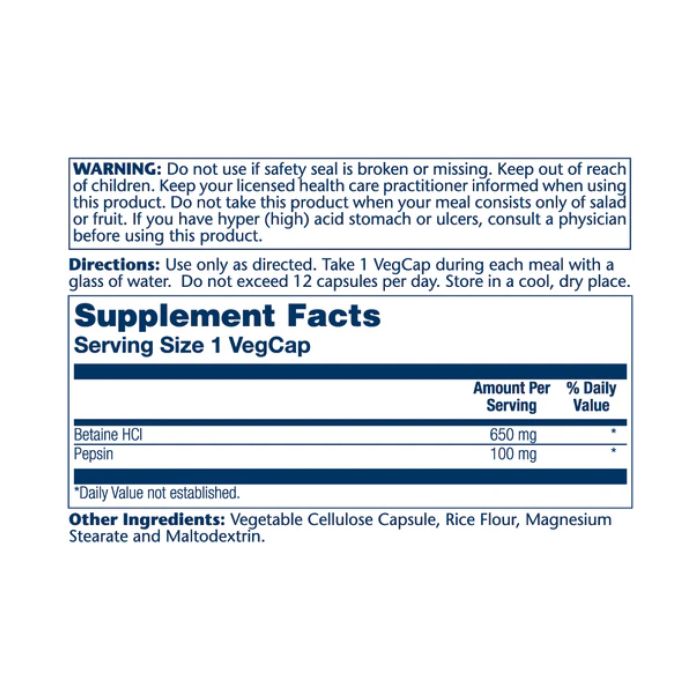 High Potency Betaine HCl with Pepsin 650mg - 250 veg caps